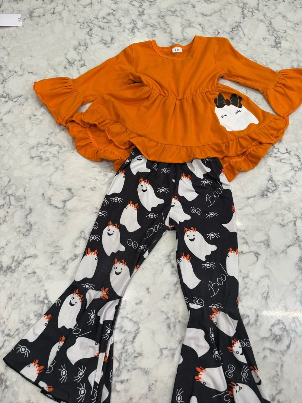 Orange Halloween Ghost Ruffle Top + Ghost Print Flare Pants – Size 2-3Y 🎃